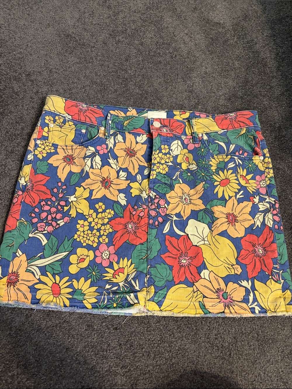 MOTHER Floral Denim Mini Skirt - Blue with Red, Yellow, Green